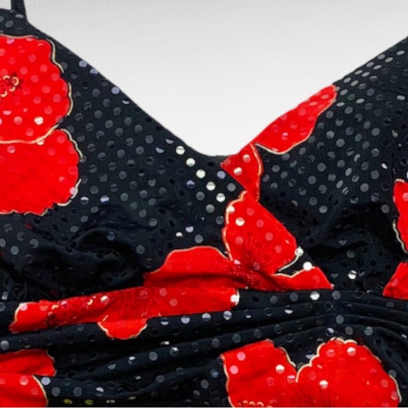 VINTAGE | 1990’s Dotted Hibiscus Florals Spaghetti Strap Shimmery Cocktail Dress - Picture 7 of 10